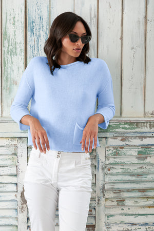 Sofia Knit - Short Sleeve Cotton Sweater - Cielo
