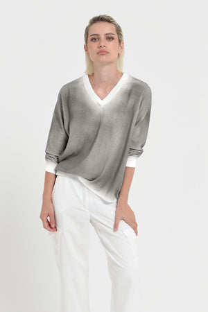 Anna V-Neck Knit in Spray Art - Dolphin