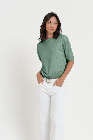 Kriss Knit - Women's Short Sleeve Cropped Sweater - Juniper