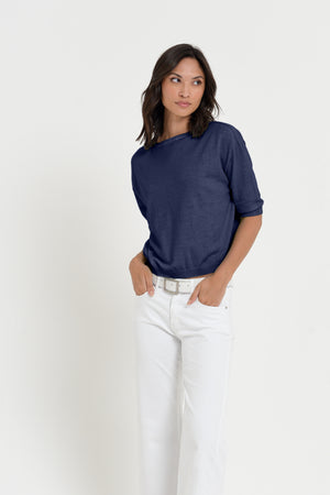 Kriss Knit - Women's Short Sleeve Cropped Sweater - Navy
