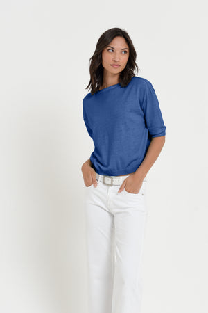 Kriss Knit - Women's Short Sleeve Cropped Sweater - Pacific