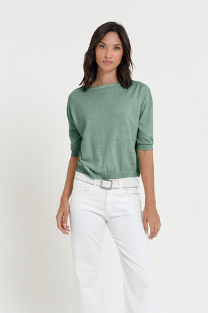 Kriss Knit - Women's Short Sleeve Cropped Sweater - Juniper