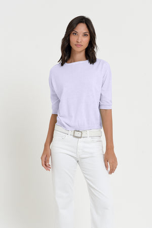 Kriss Knit - Women's Short Sleeve Cropped Sweater - Lilac
