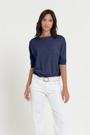 Kriss Knit - Women's Short Sleeve Cropped Sweater - Navy
