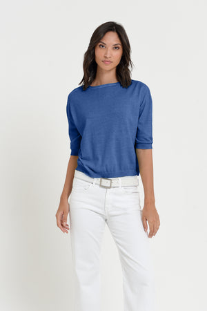 Kriss Knit - Women's Short Sleeve Cropped Sweater - Pacific