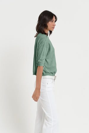 Kriss Knit - Women's Short Sleeve Cropped Sweater - Juniper