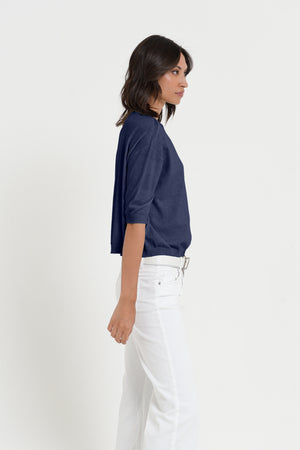 Kriss Knit - Women's Short Sleeve Cropped Sweater - Navy