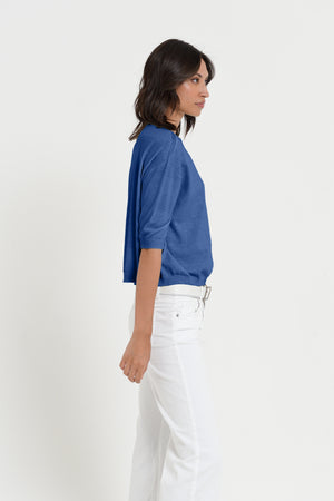 Kriss Knit - Women's Short Sleeve Cropped Sweater - Pacific