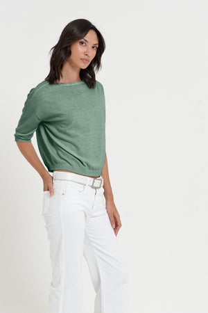 Kriss Knit - Women's Short Sleeve Cropped Sweater - Juniper
