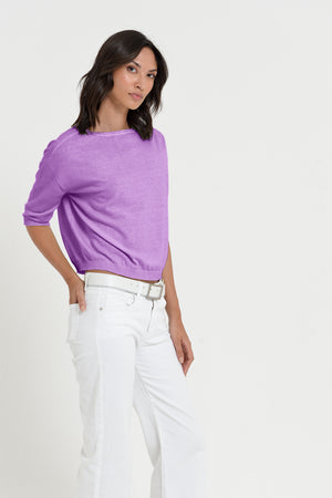 Kriss Knit - Women's Short Sleeve Cropped Sweater - Morado