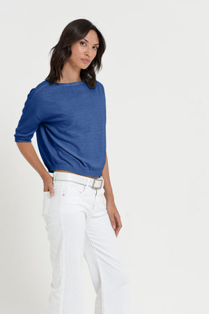 Kriss Knit - Women's Short Sleeve Cropped Sweater - Pacific