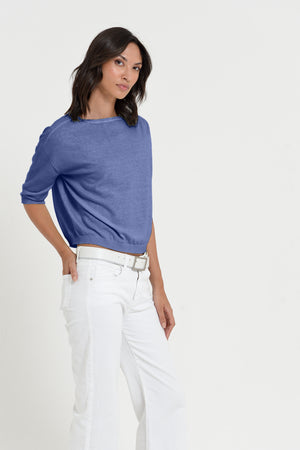 Kriss Knit - Women's Short Sleeve Cropped Sweater - Whale