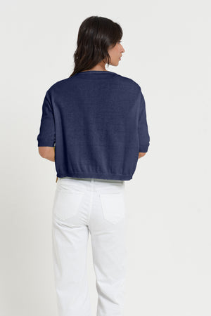 Kriss Knit - Women's Short Sleeve Cropped Sweater - Navy