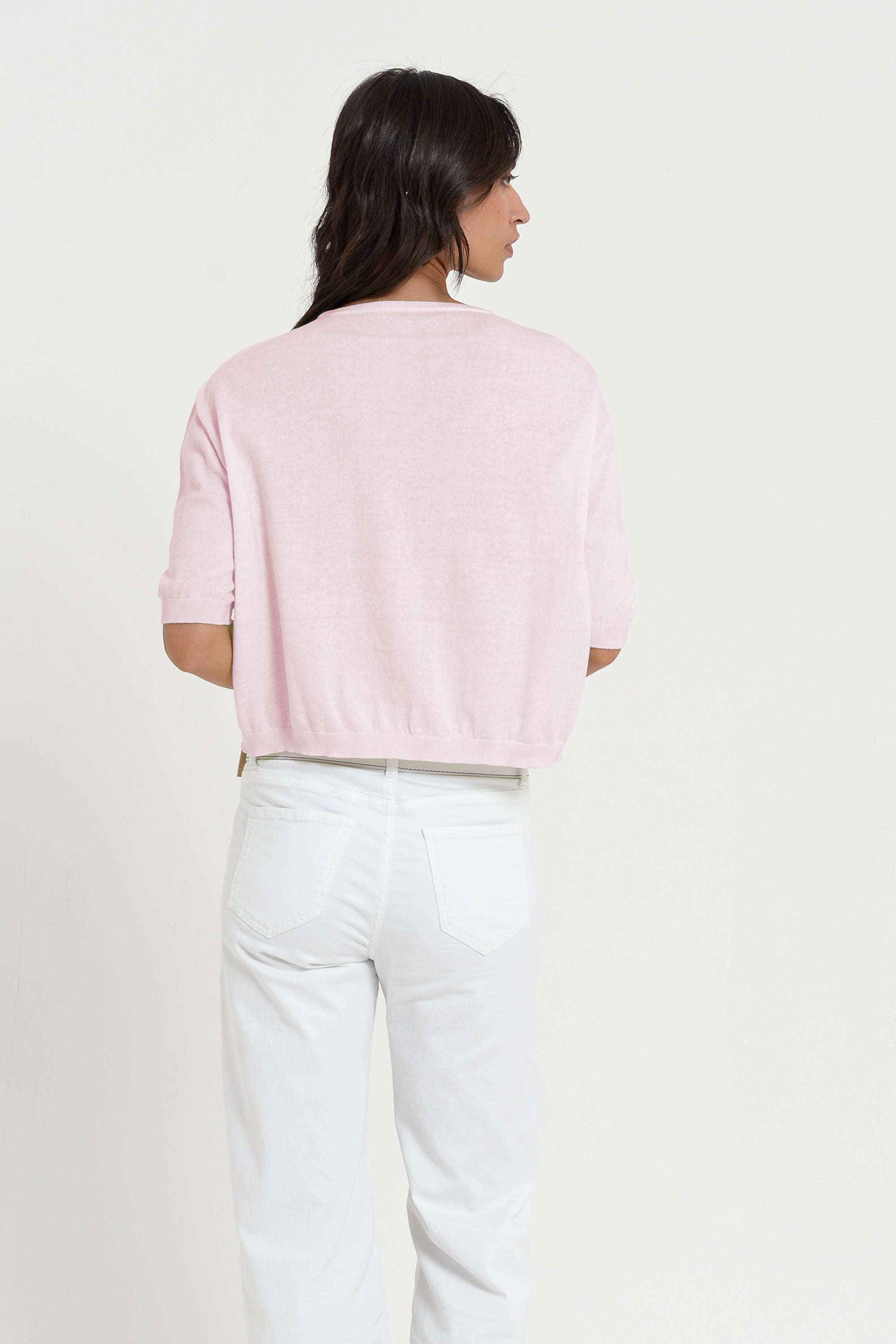 Kriss Knit - Women's Short Sleeve Cropped Sweater - Rose