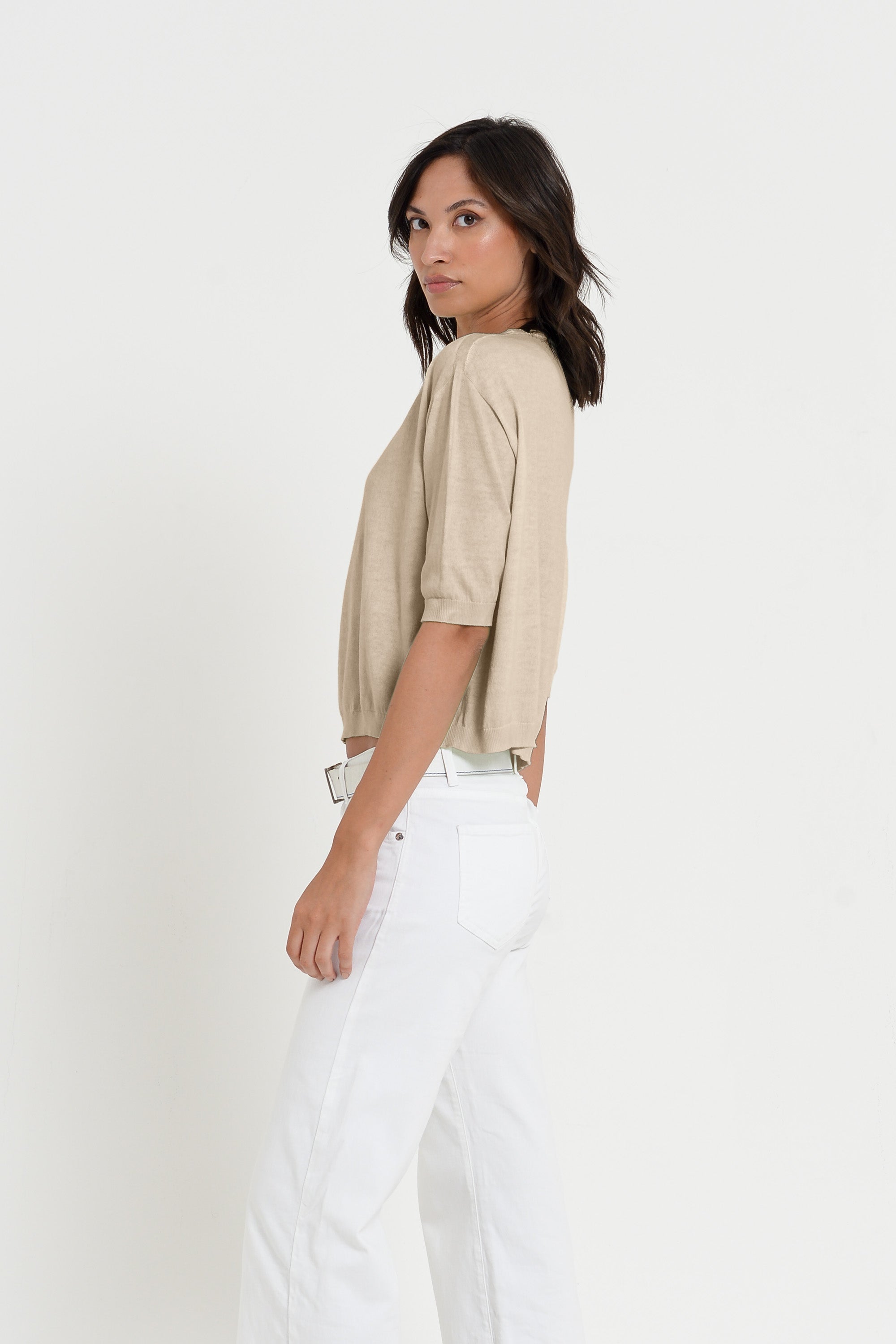 Kriss Knit - Women's Short Sleeve Cropped Sweater - Harbor