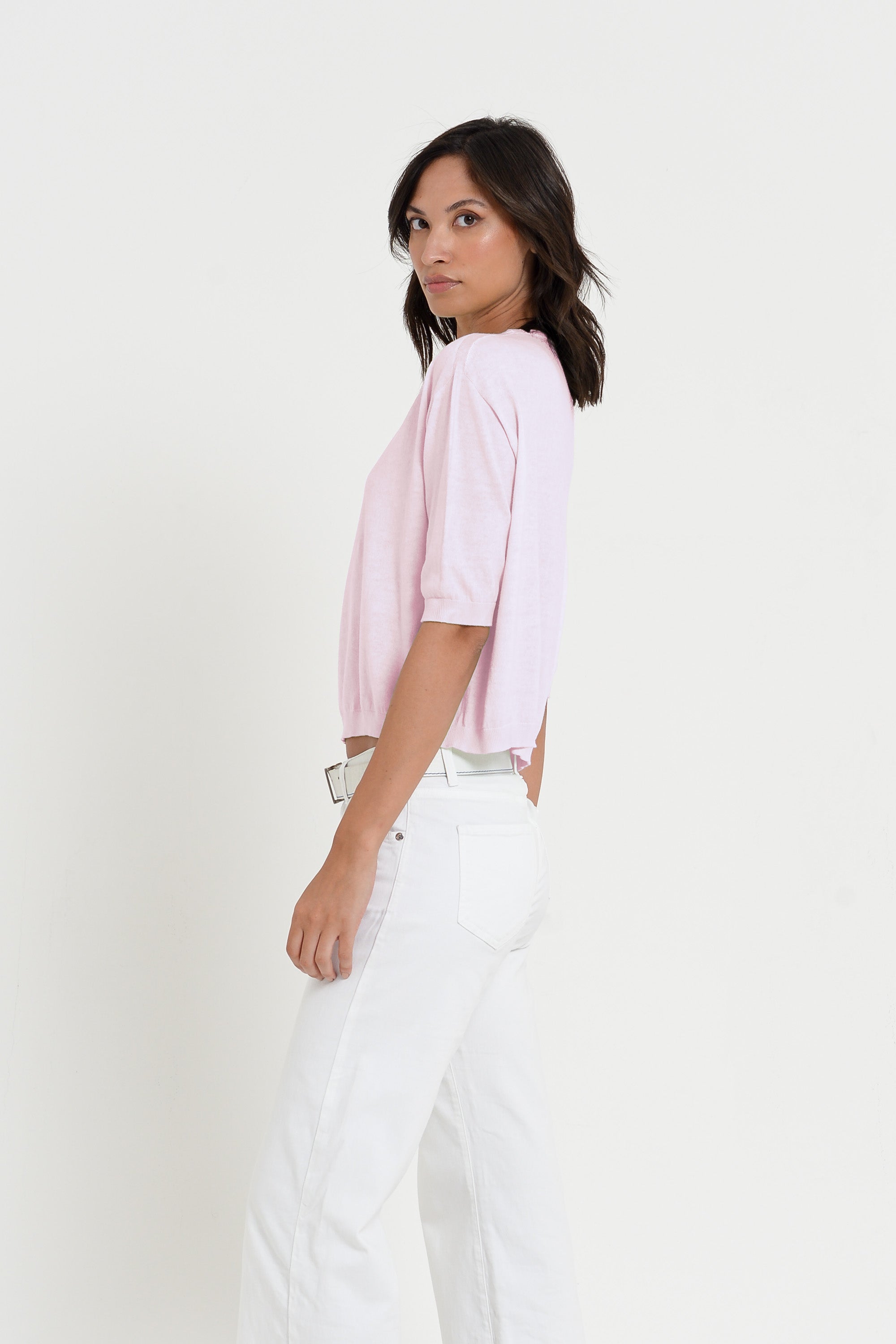 Kriss Knit - Women's Short Sleeve Cropped Sweater - Rose