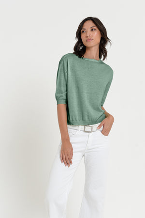 Kriss Knit - Women's Short Sleeve Cropped Sweater - Juniper