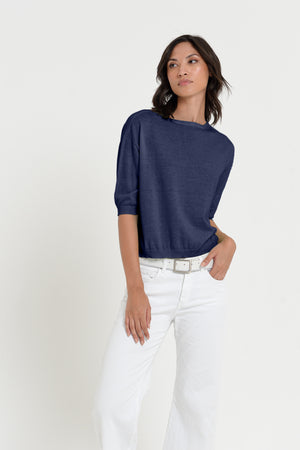 Kriss Knit - Women's Short Sleeve Cropped Sweater - Navy