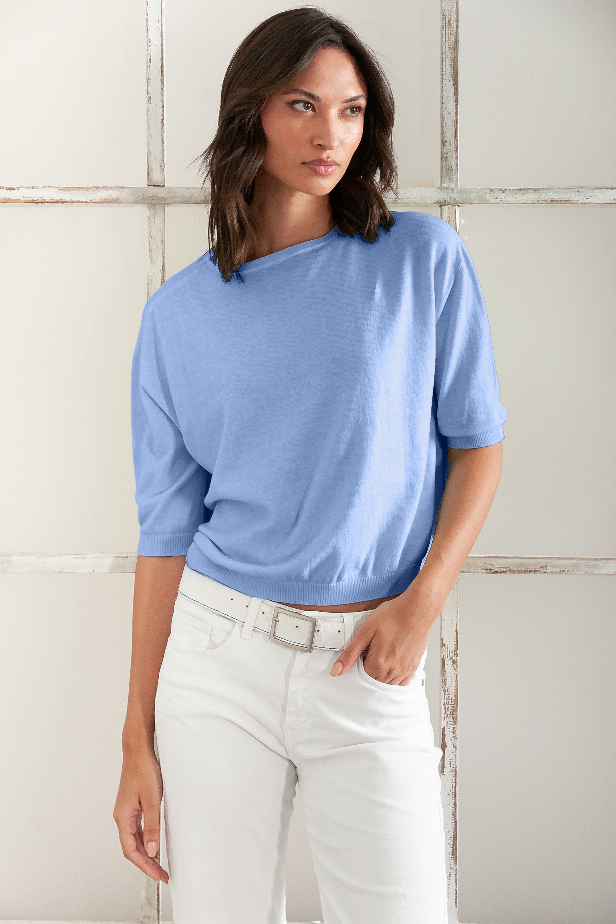 Kriss Knit - Women's Short Sleeve Cropped Sweater - Bay