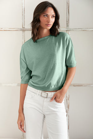 Kriss Knit - Women's Short Sleeve Cropped Sweater - Juniper