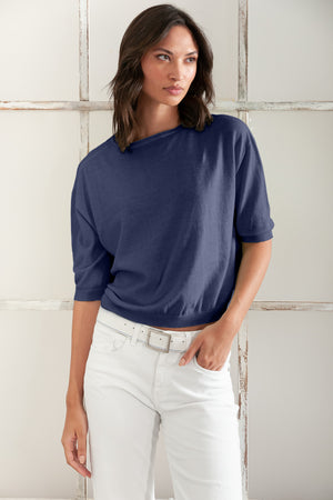 Kriss Knit - Women's Short Sleeve Cropped Sweater - Navy