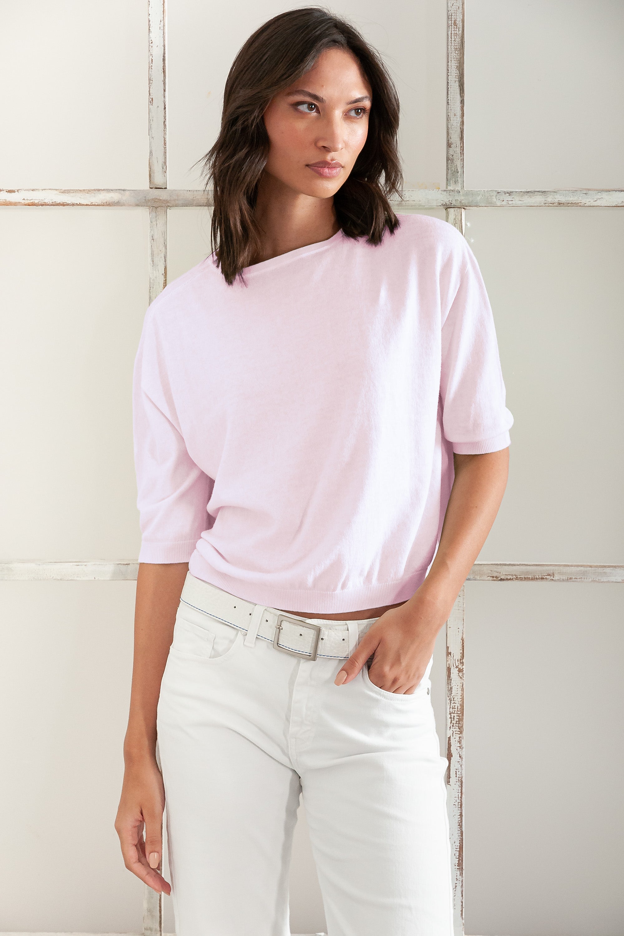 Kriss Knit - Women's Short Sleeve Cropped Sweater - Rose