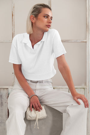 Maya Knit Polo - Women's Cropped Knit Polo - White