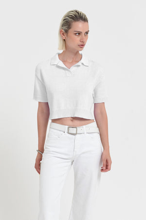 Maya Knit Polo - Women's Cropped Knit Polo - White