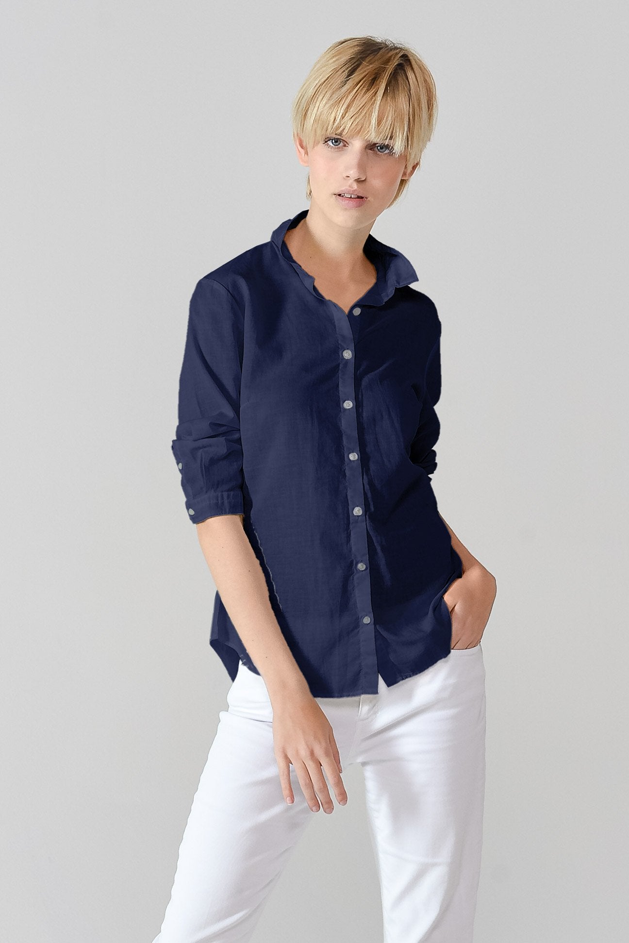 3/4 Sleeve Voile Shirt - Navy - Shirts