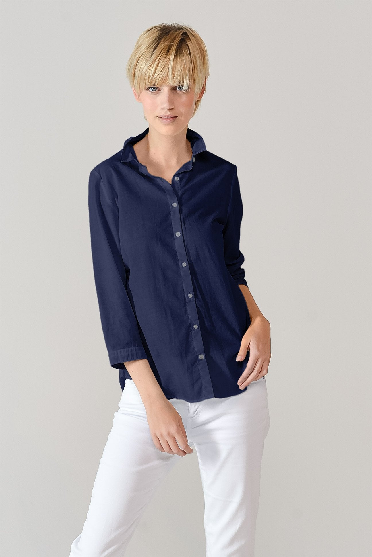 3/4 Sleeve Voile Shirt - Navy - Shirts