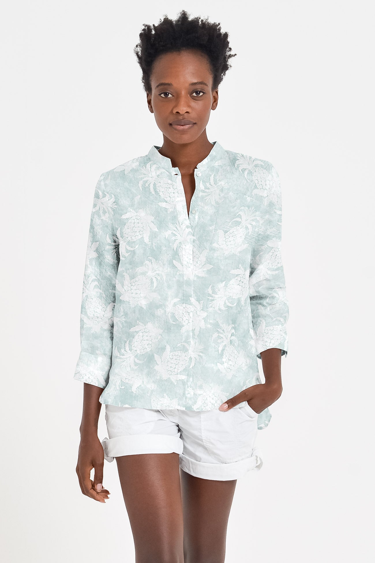Camicia Asia in Lino Pineapple Print - Anice
