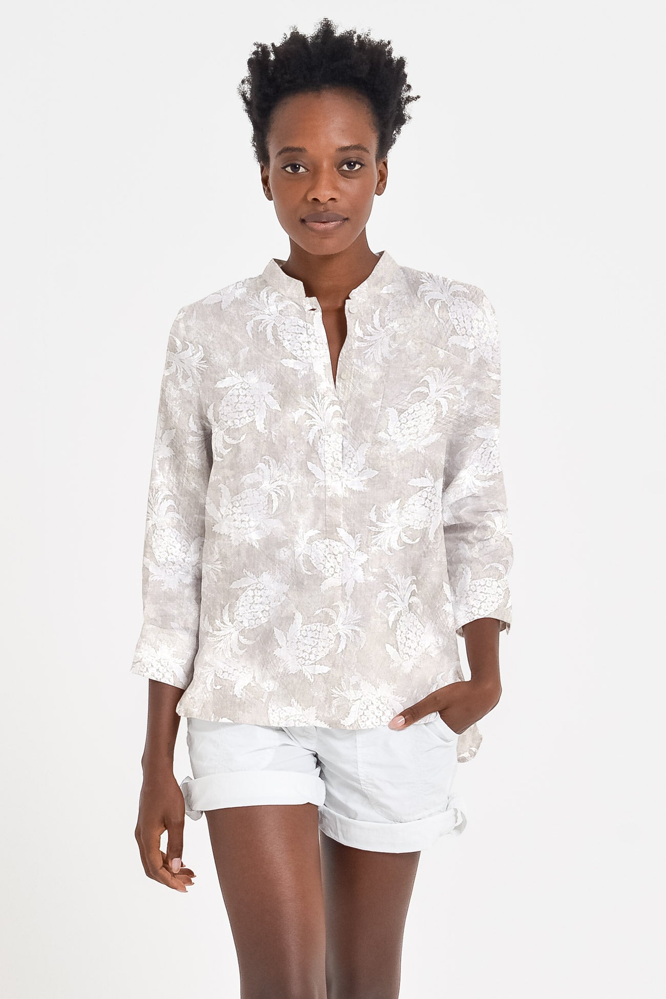 Camicia Asia in Lino Pineapple Print - Canapa