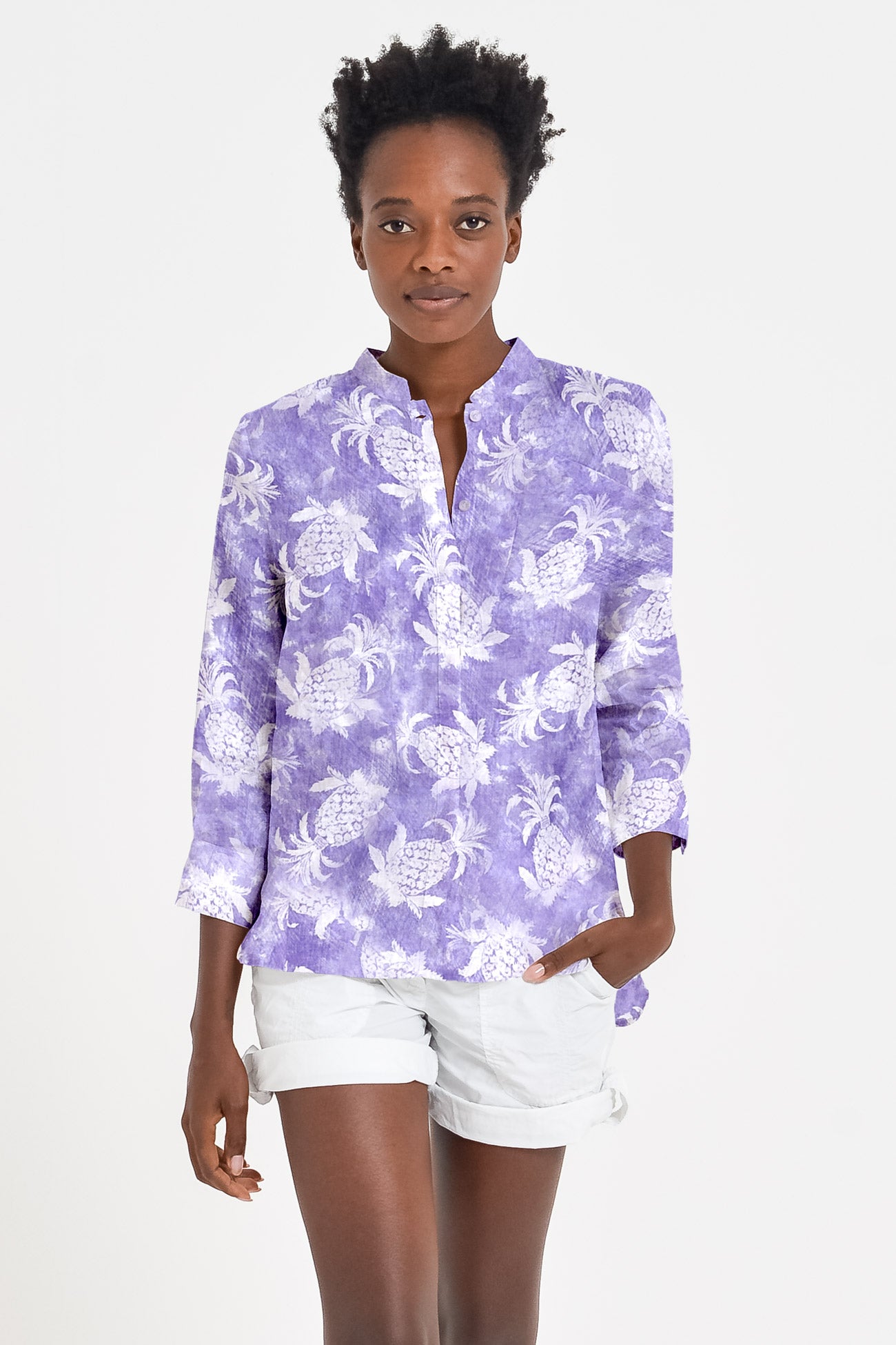 Camicia Asia in Lino Pineapple Print - Mauve