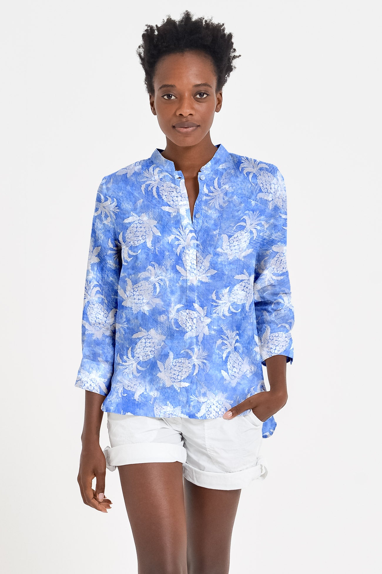 Camicia Asia in Lino Pineapple Print - Pacific