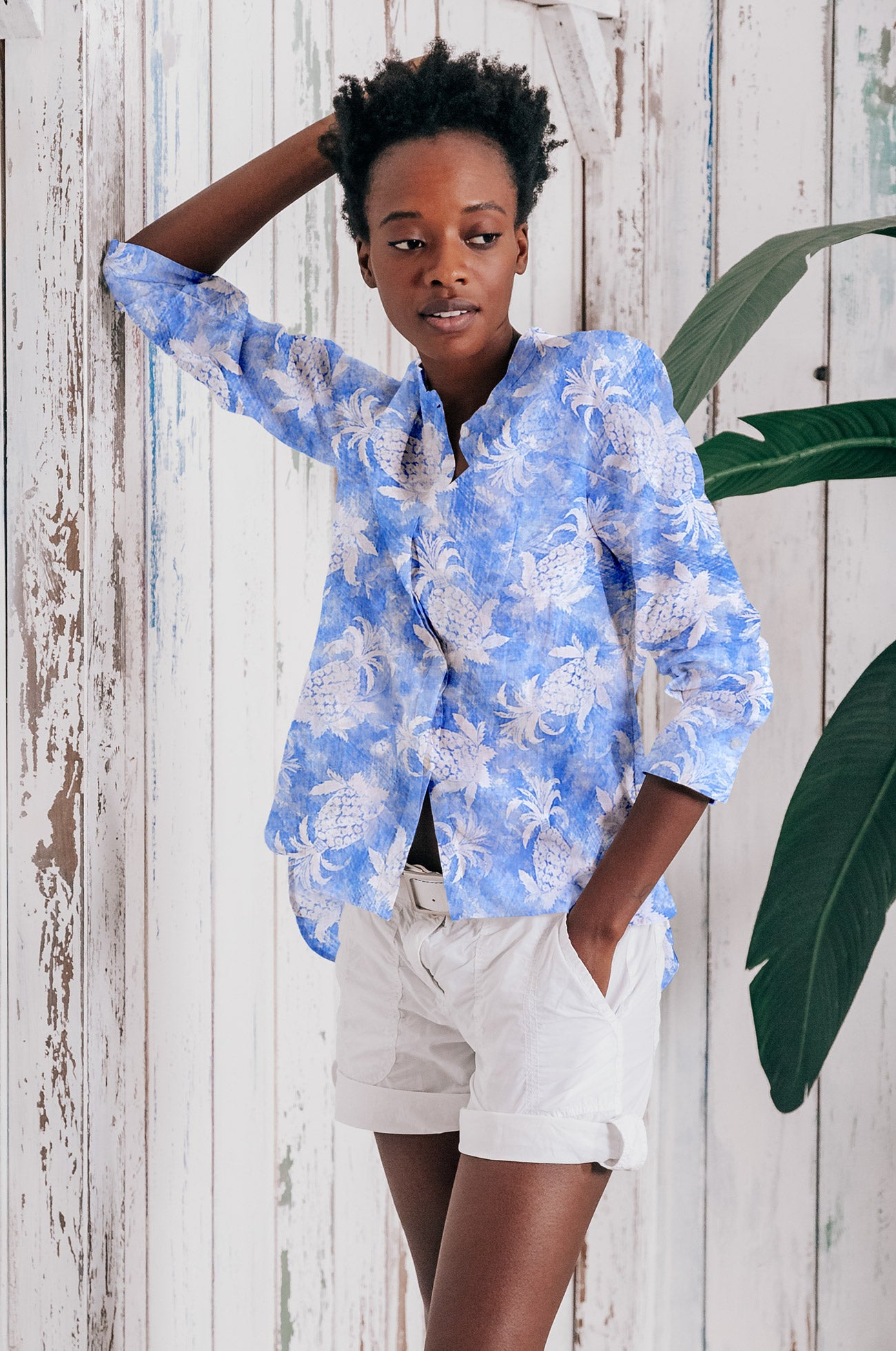Camicia Asia in Lino Pineapple Print - Pacific