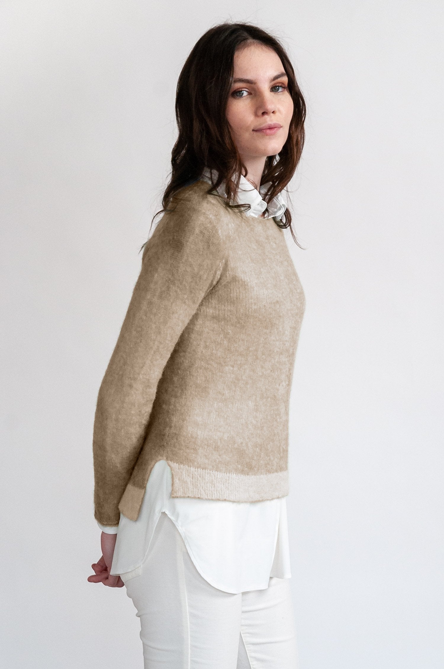 Alpaca Crew Neck Sweater in Wood - Sweaters