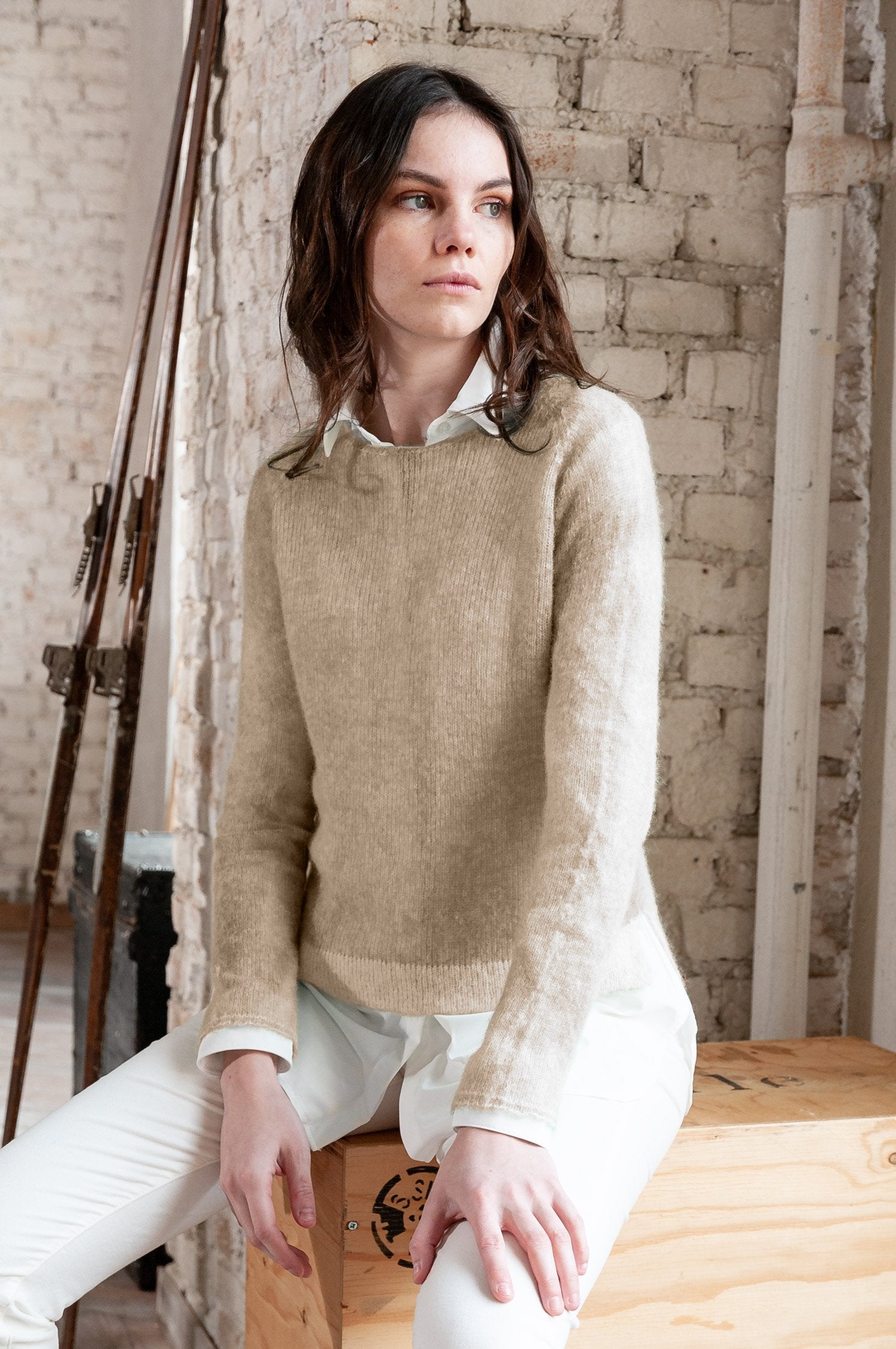 Alpaca Crew Neck Sweater in Wood - Sweaters