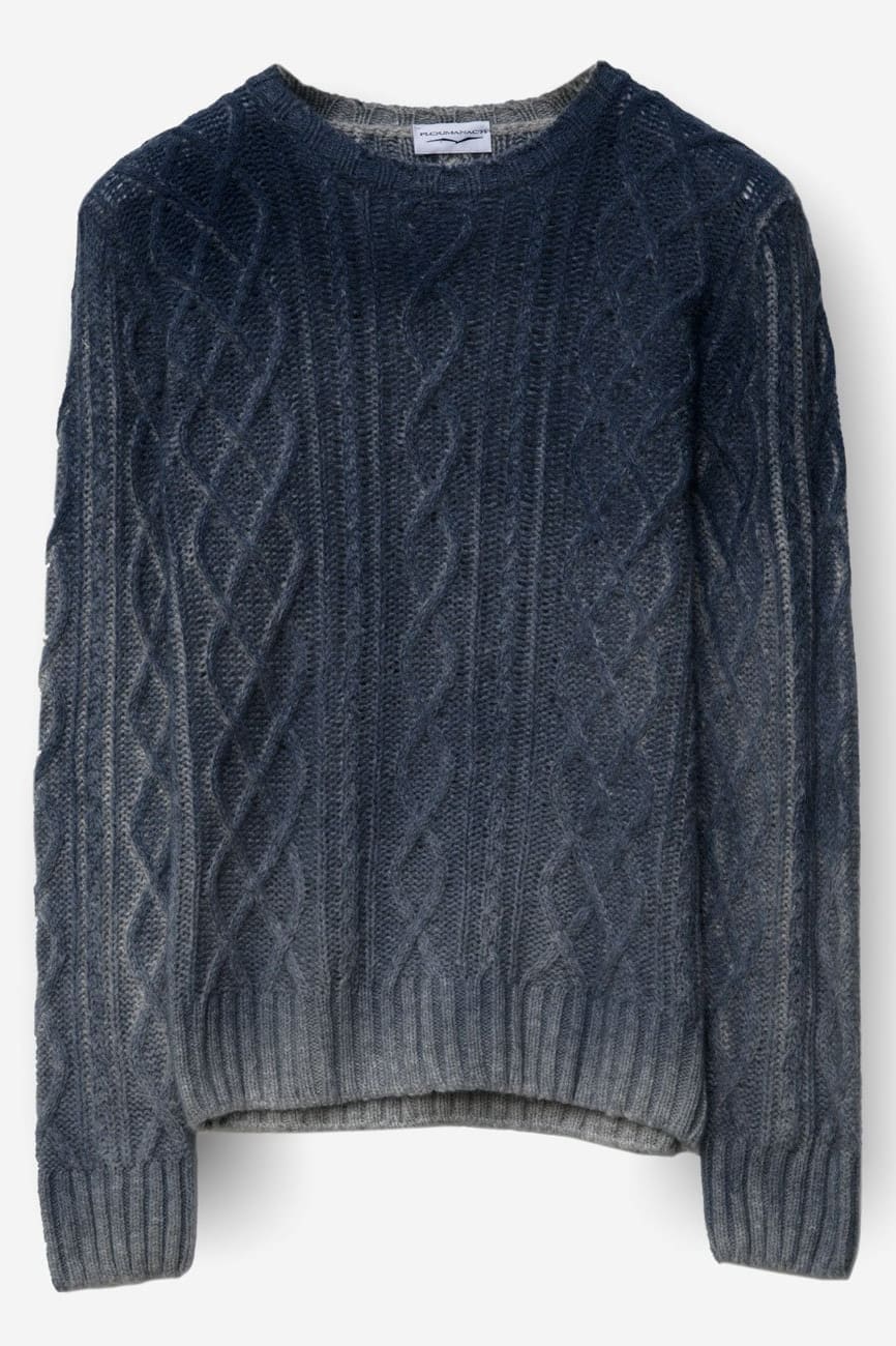 Aran Knit Crewneck in Dark-Blue Grey Fade Kent Wool - Ploumanac'h