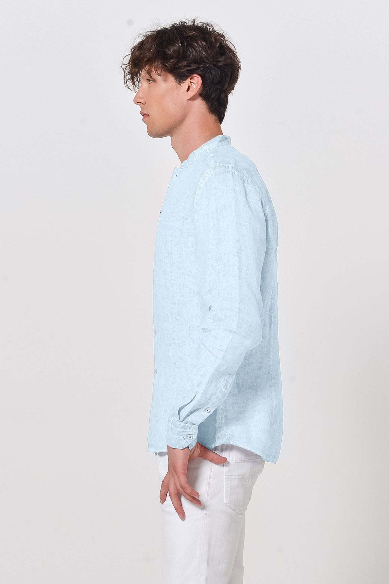 Banded Collar Linen Shirt - Anice - Shirts