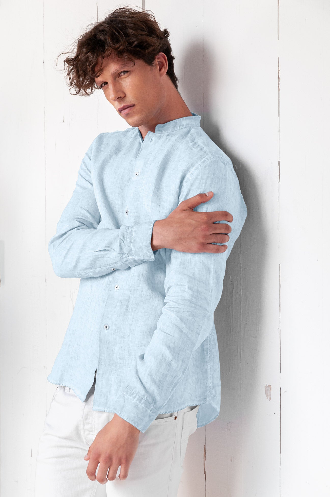 Banded Collar Linen Shirt - Anice - Shirts