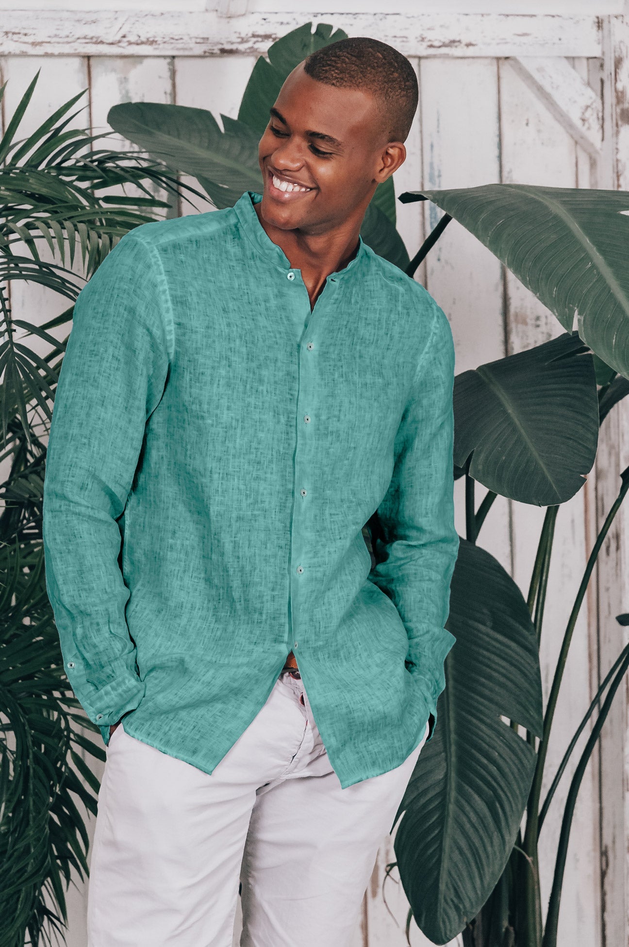 Banded Collar Linen Shirt - Bahama - Shirts