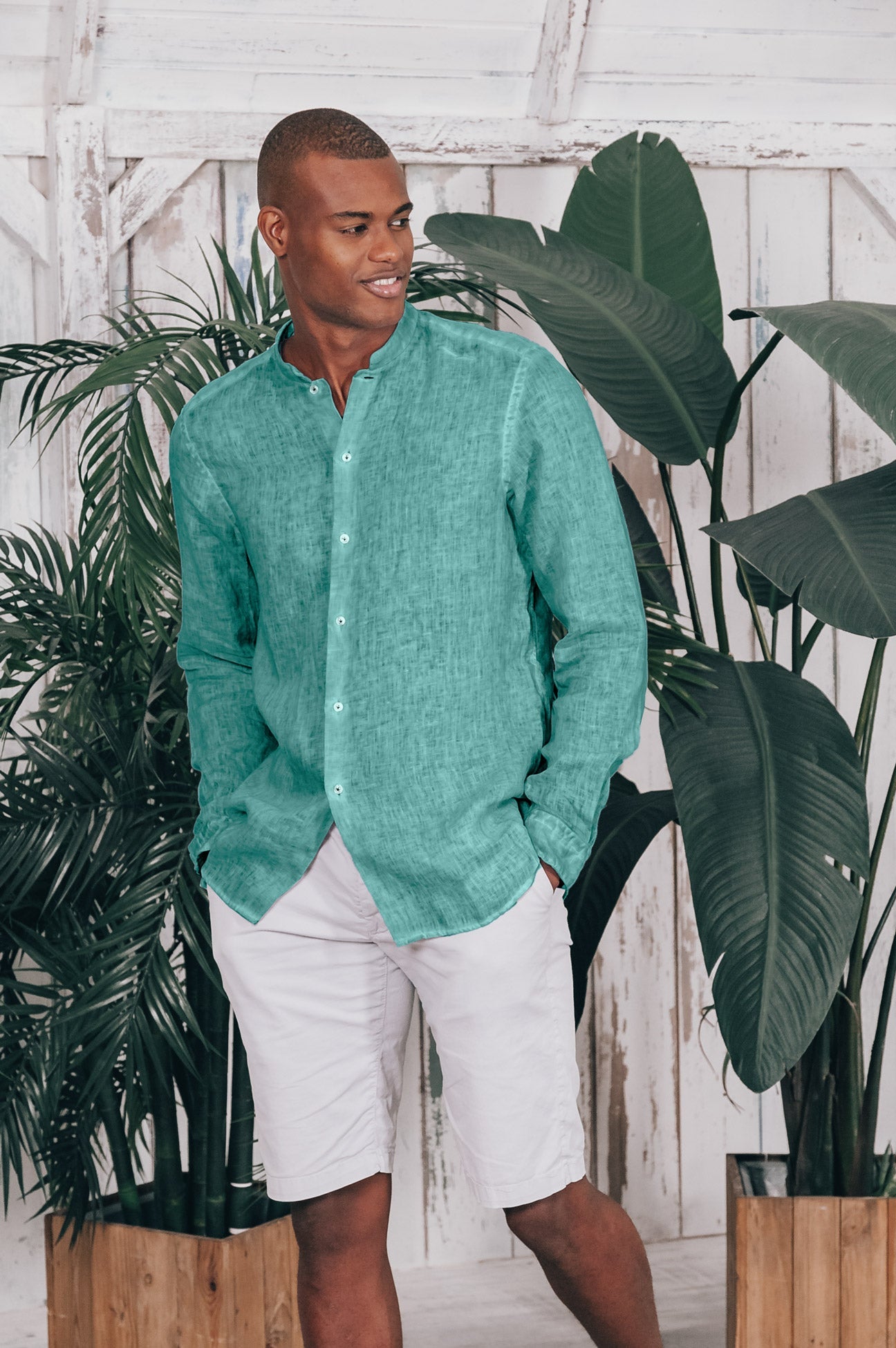 Banded Collar Linen Shirt - Bahama - Shirts