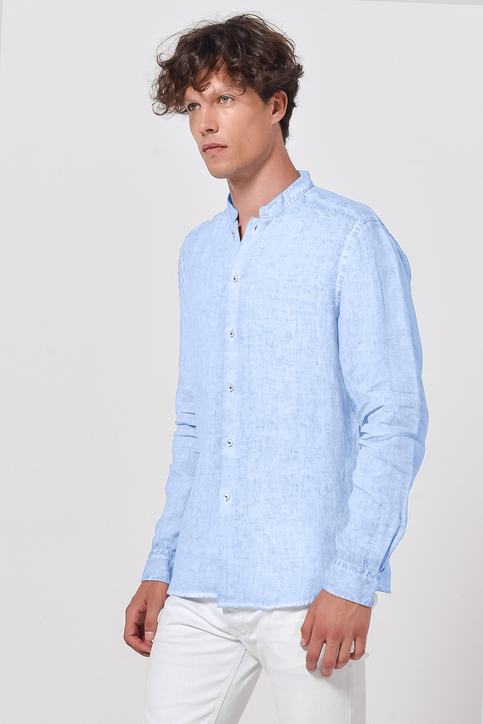 Banded Collar Linen Shirt - Cielo - Shirts