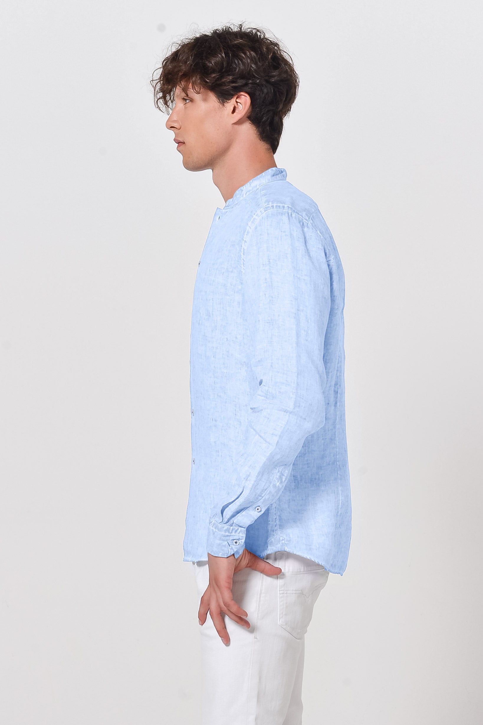 Banded Collar Linen Shirt - Cielo - Shirts