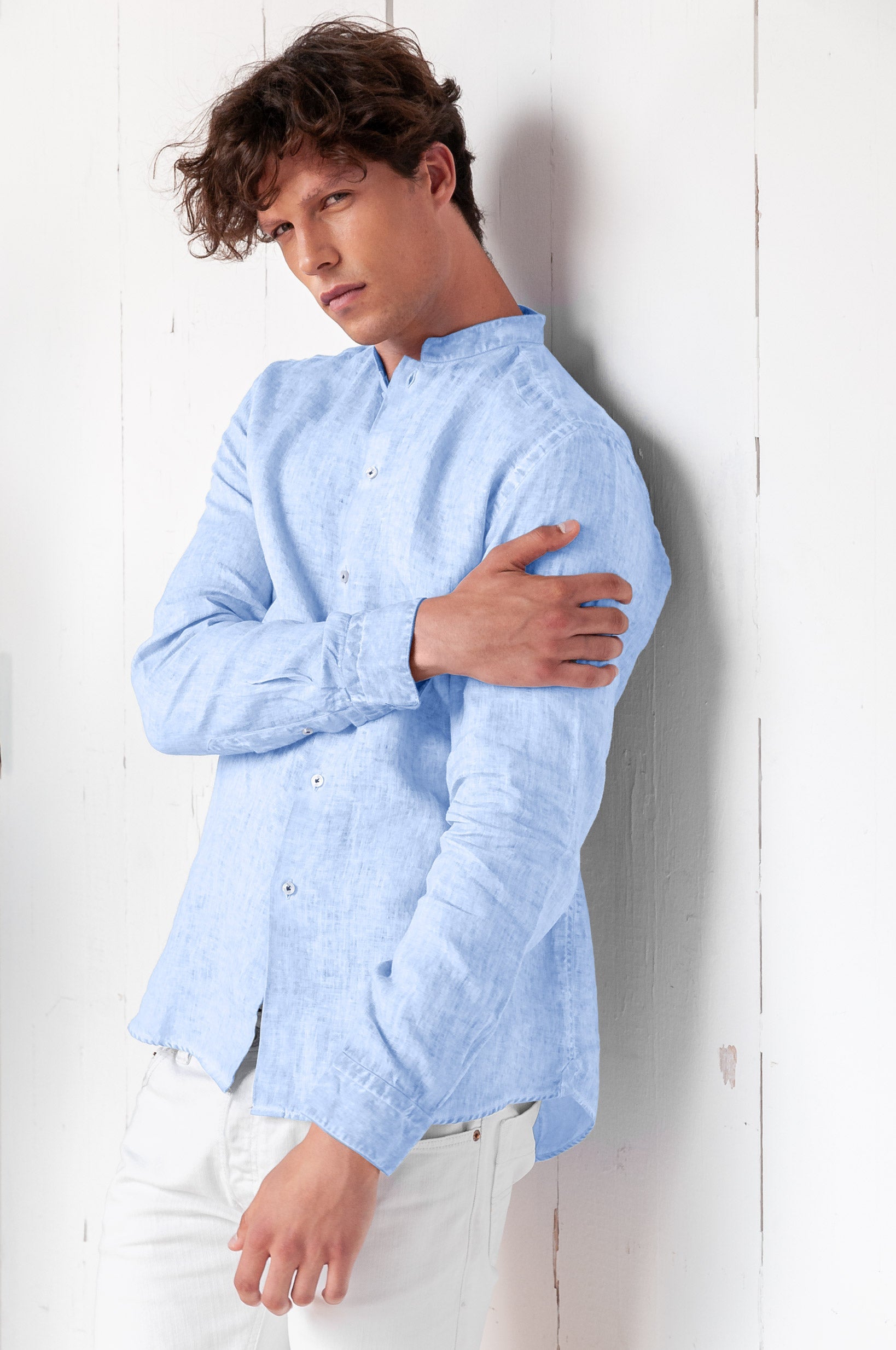 Banded Collar Linen Shirt - Cielo - Shirts