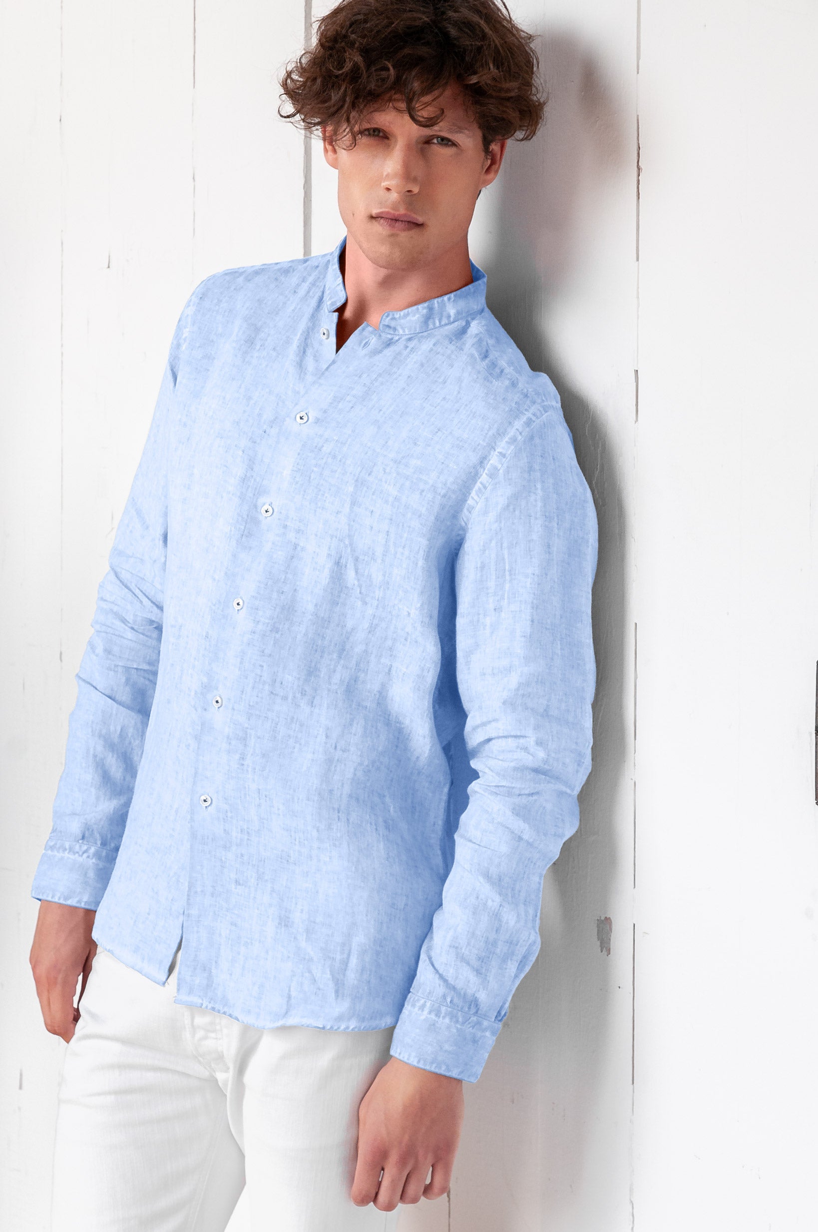 Banded Collar Linen Shirt - Cielo - Shirts