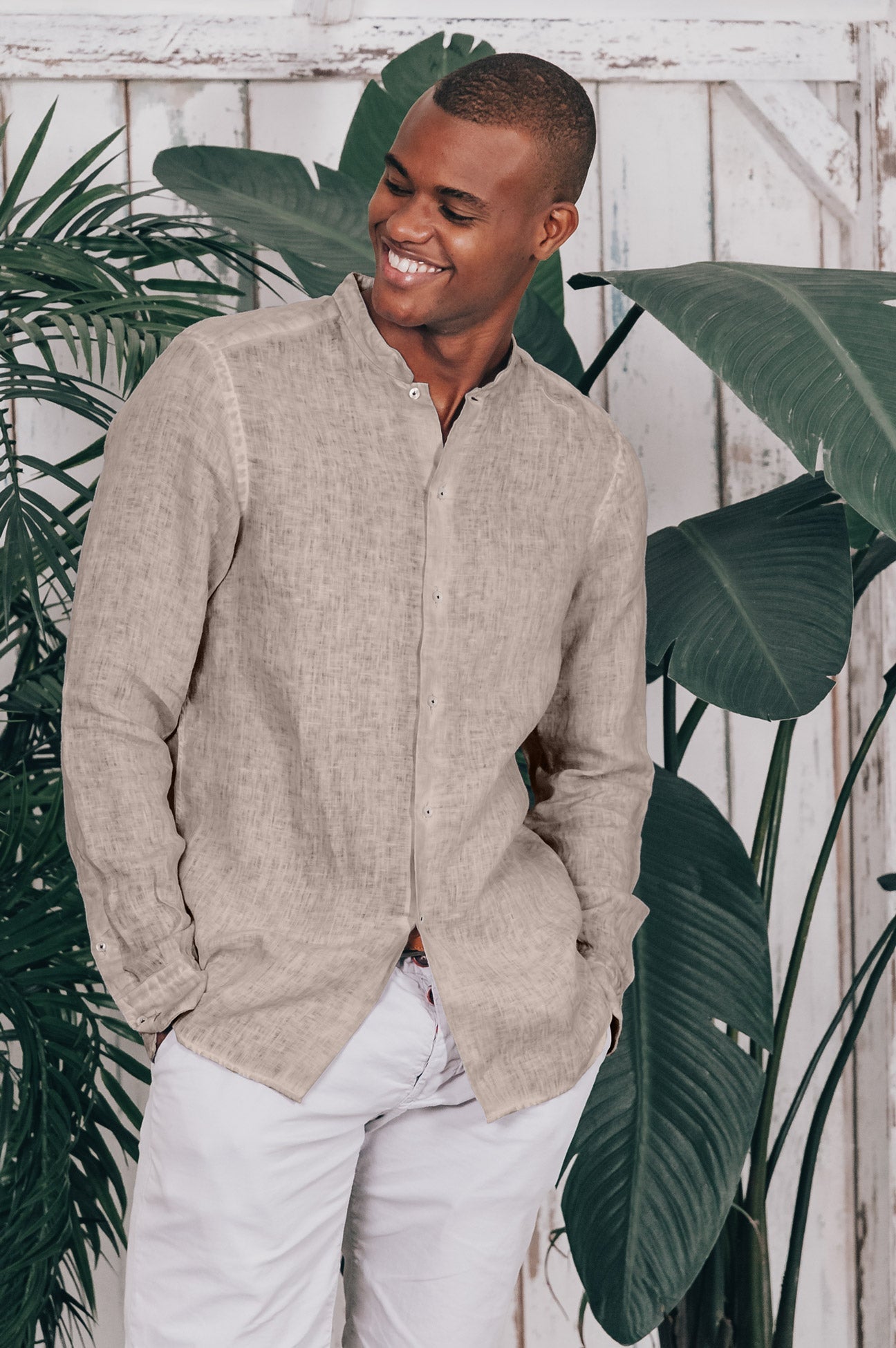 Slim Fit Camicia Lino Uomo Collo Coreana Camicia Coreana Camicia