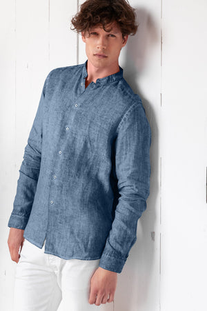 Banded Collar Linen Shirt - Jeans - Shirts