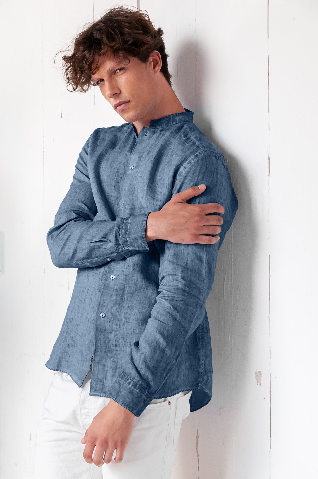 Banded Collar Linen Shirt - Jeans - Shirts