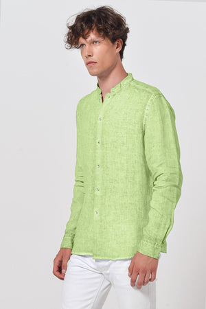 Banded Collar Linen Shirt - Kiwi - Shirts